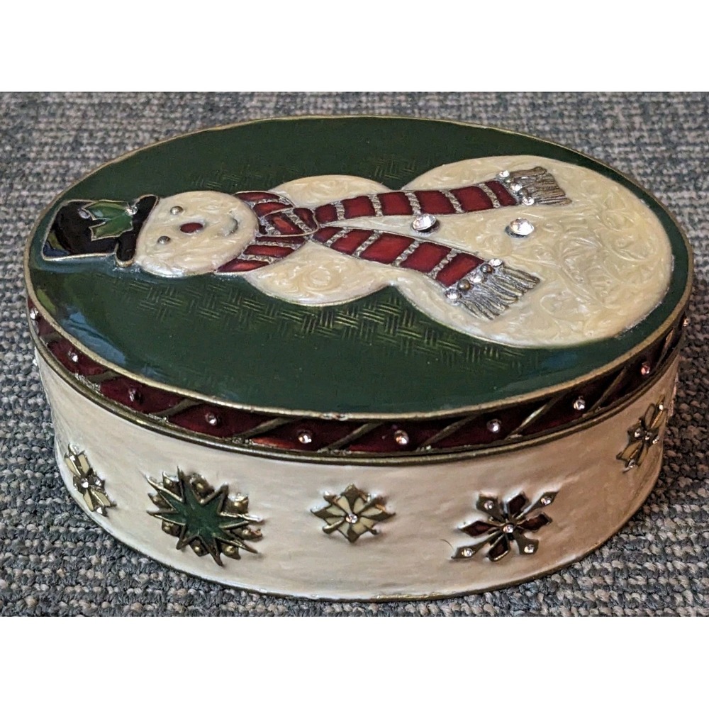 Enameled Oval Trinket Box Snowman Large Christmas Metal Rhinestone Heavy Decor